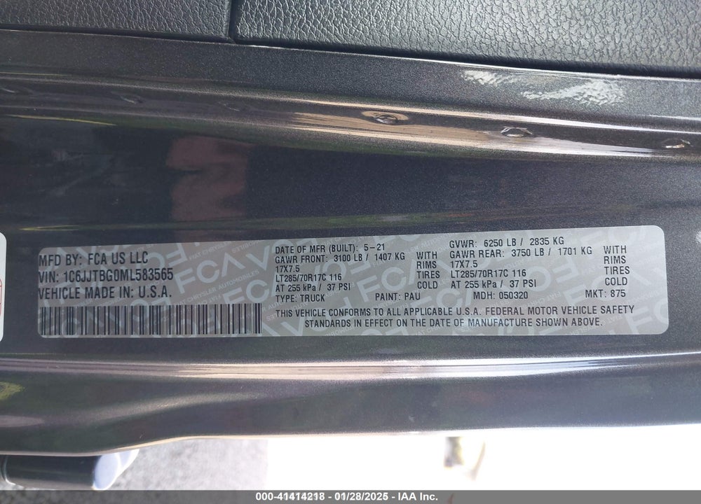 2021 JEEP GLADIATOR VIN: 1C6JJTBG0ML583565