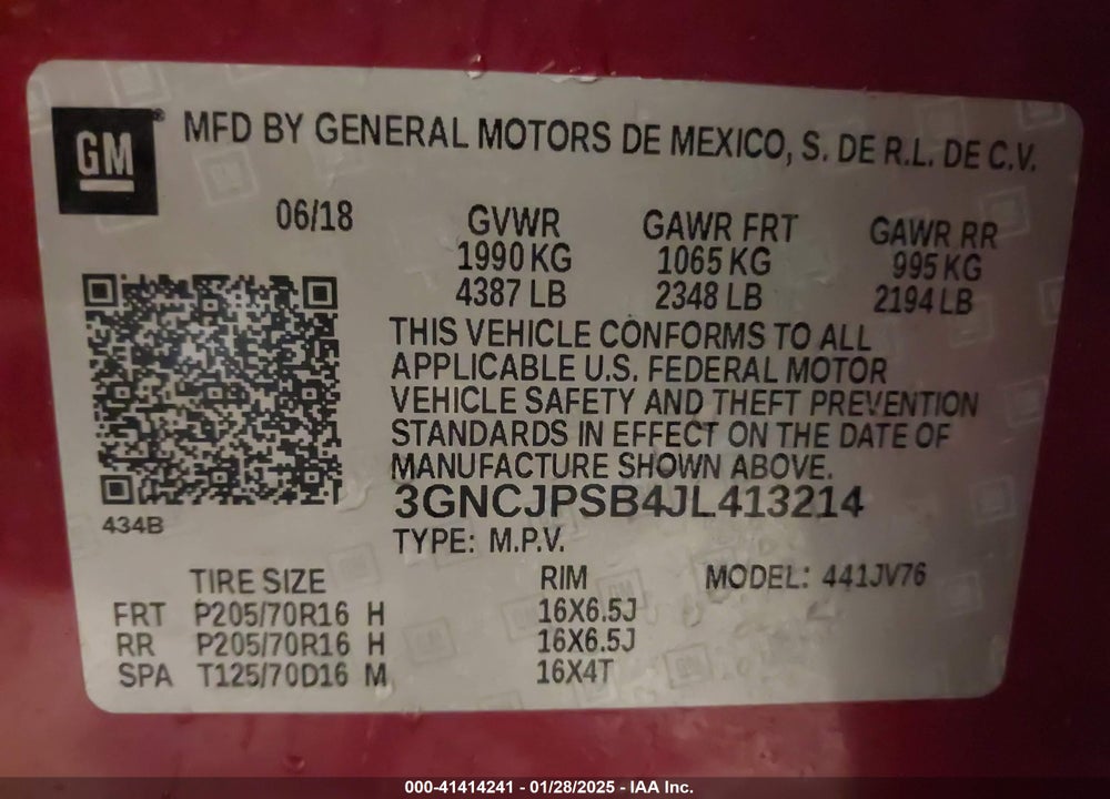 2018 CHEVROLET TRAX LT VIN: 3GNCJPSB4JL413214