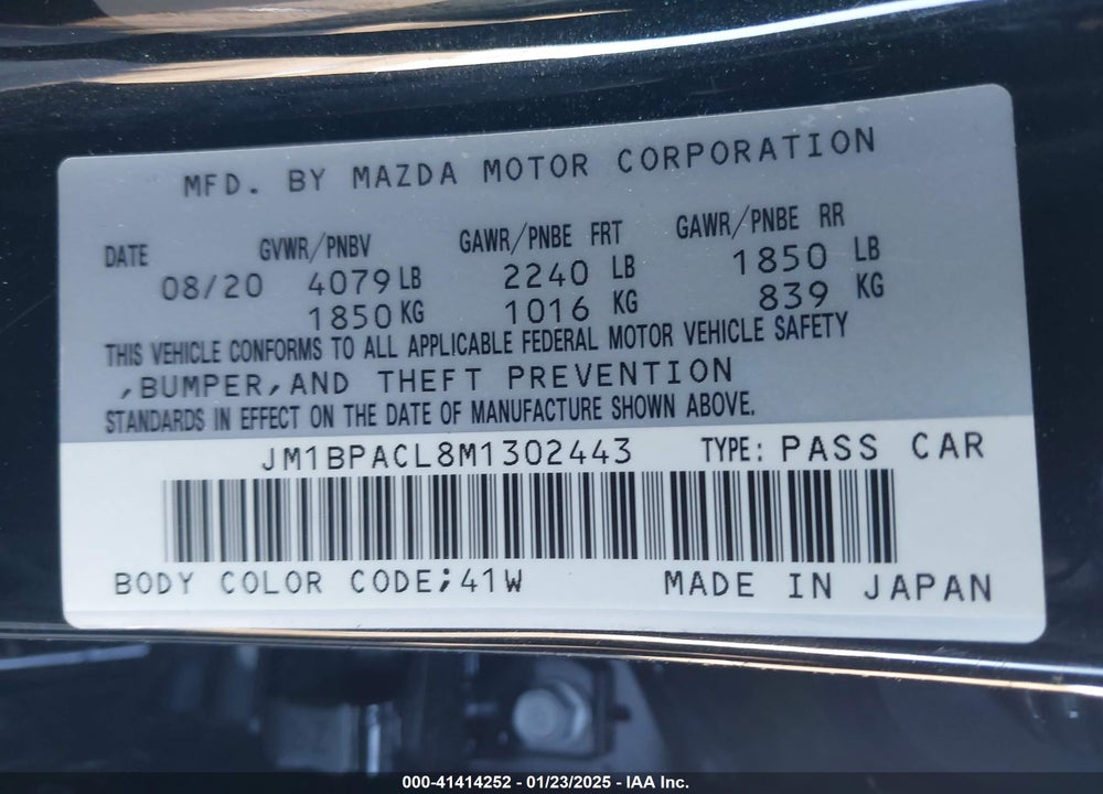 2021 MAZDA MAZDA3 VIN: JM1BPACL8M1302443