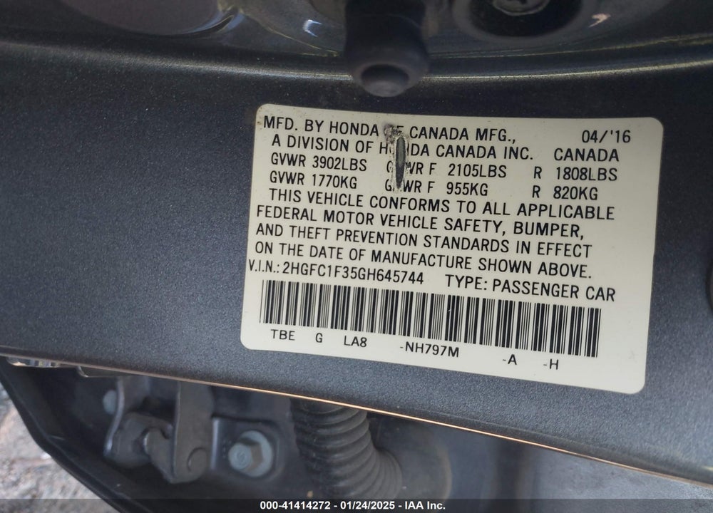2016 HONDA CIVIC VIN: 2HGFC1F35GH645744