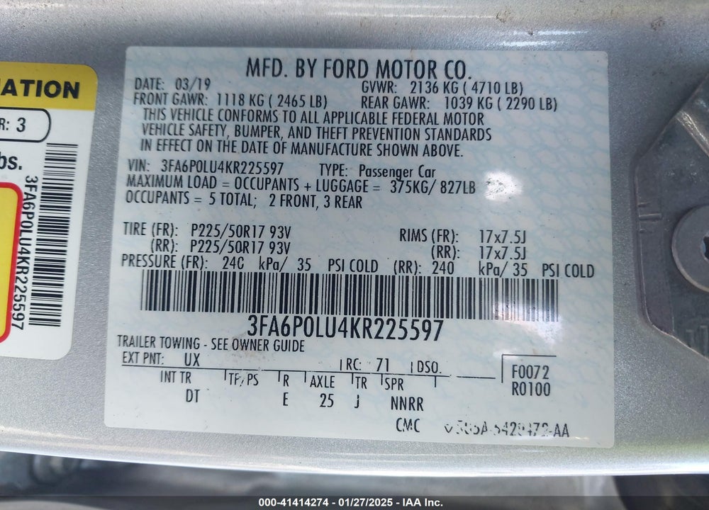 2019 FORD FUSION VIN: 3FA6P0LU4KR225597