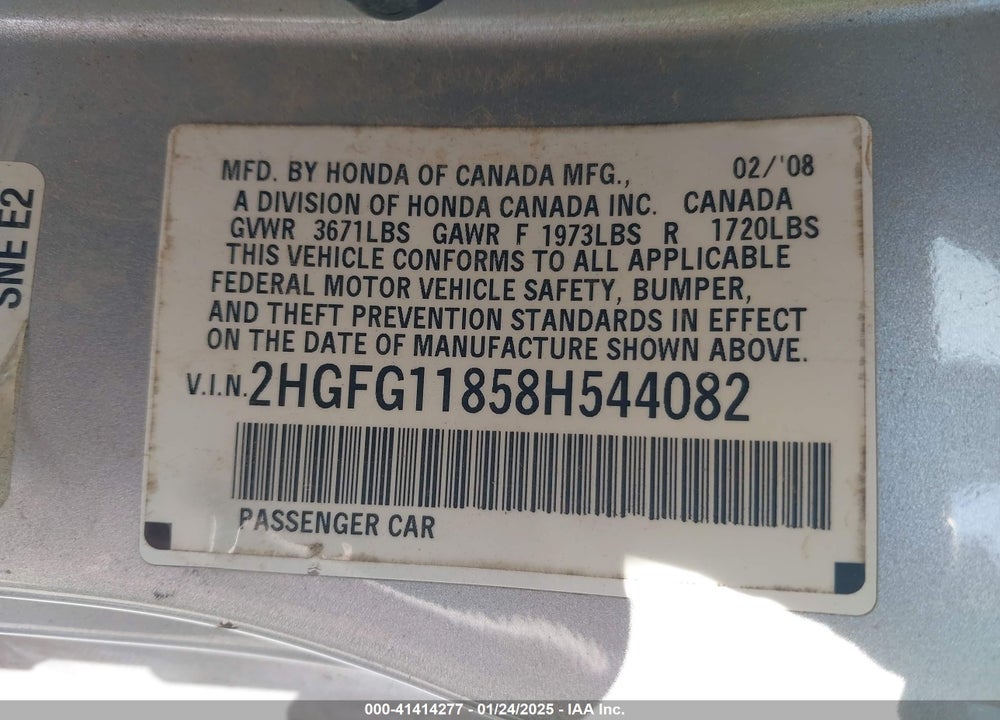 2008 HONDA CIVIC VIN: 2HGFG11858H544082