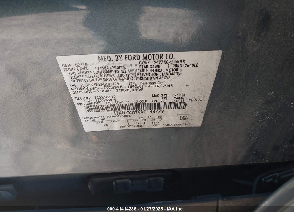 2010 FORD TAURUS VIN: 1FAHP2JWXAG148779