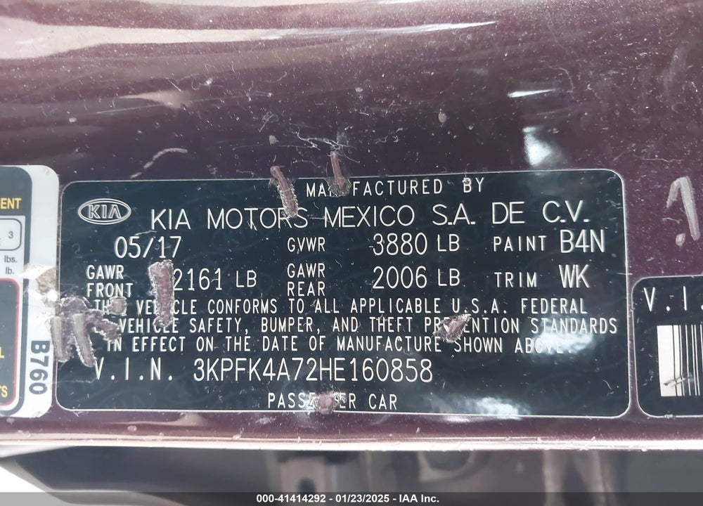 2017 KIA FORTE LX VIN: 3KPFK4A72HE160858