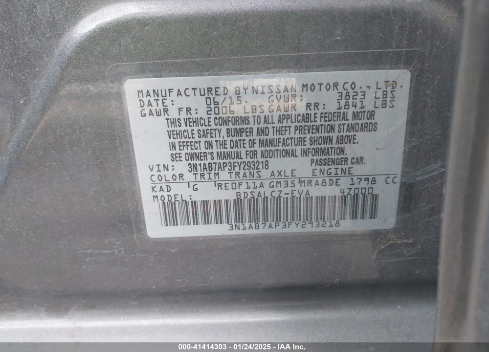 2015 NISSAN SENTRA S VIN: 3N1AB7AP3FY293218