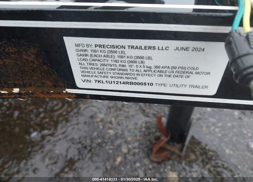 2024 PRECISION TRAILERS UTILITY TRAILER VIN: 7KL1U1214RB000510