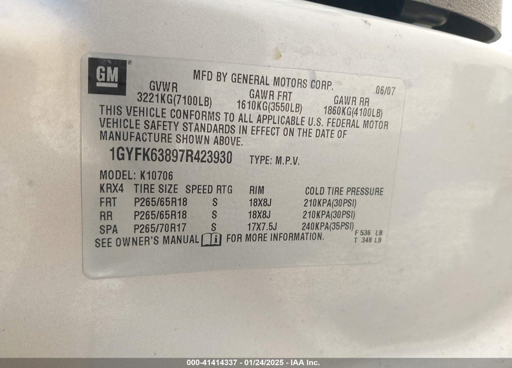 2007 CADILLAC ESCALADE STANDARD VIN: 1GYFK63897R423930