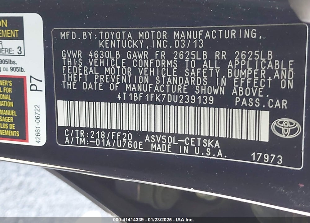 2013 TOYOTA CAMRY VIN: 4T1BF1FK7DU239139