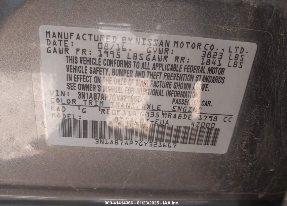 2016 NISSAN SENTRA S VIN: 3N1AB7AP7GY321667