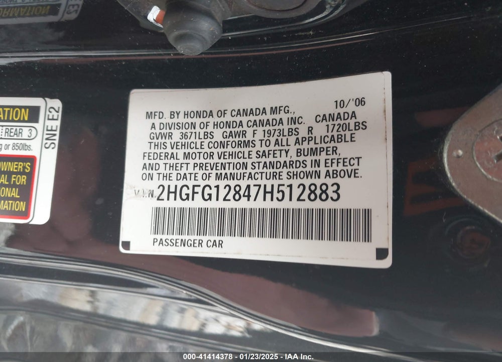 2007 HONDA CIVIC EX VIN: 2HGFG12847H512883