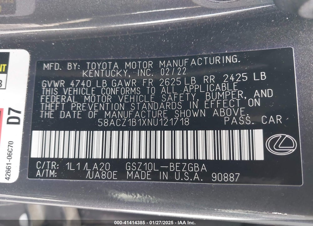 2022 LEXUS ES 350 VIN: 58ACZ1B1XNU121718