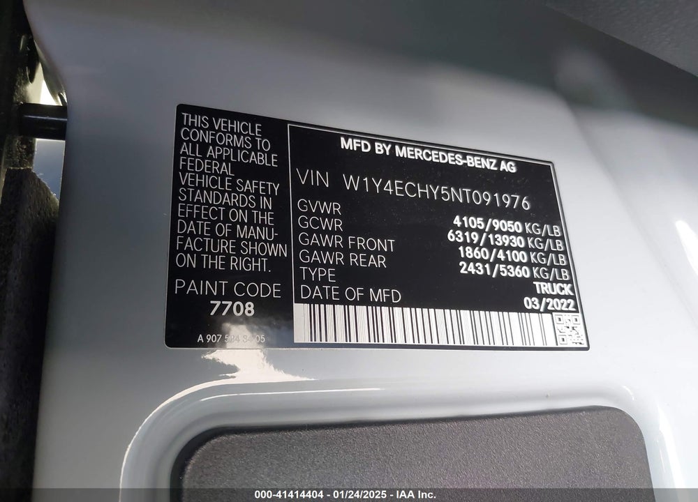 2022 MERCEDES-BENZ SPRINTER 2500 HIGH ROOF V6 VIN: W1Y4ECHY5NT091976