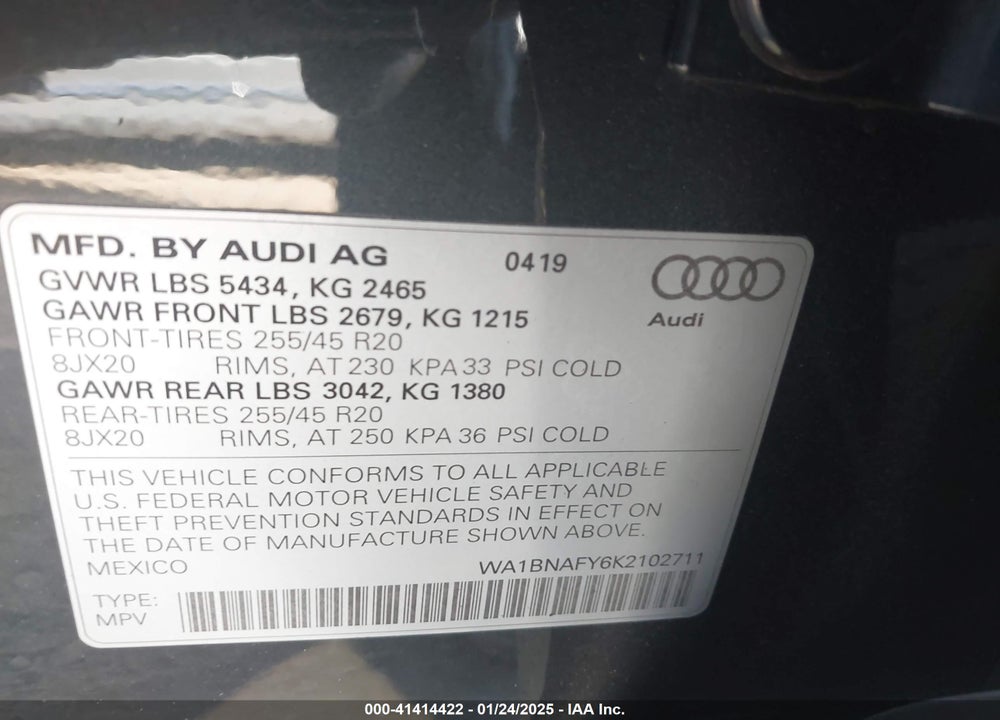 2019 AUDI Q5 45 PREMIUM VIN: WA1BNAFY6K2102711
