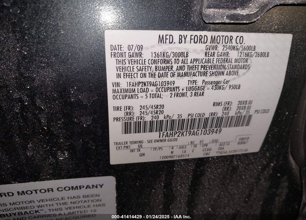 2010 FORD TAURUS VIN: 1FAHP2KT9AG103949