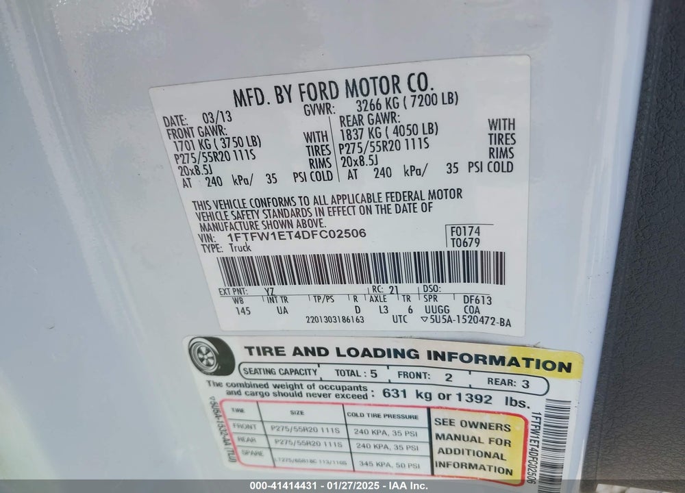 2013 FORD F-150 VIN: 1FTFW1ET4DFC02506