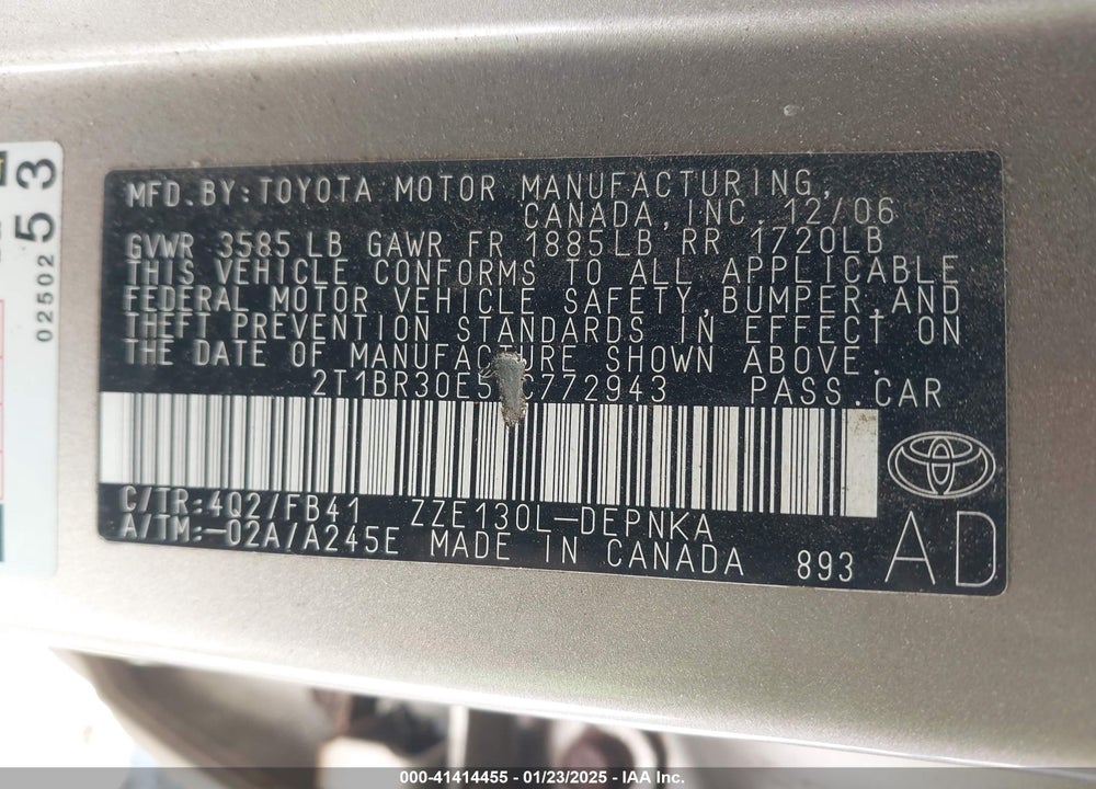 2007 TOYOTA COROLLA VIN: 2T1BR30E57C772943