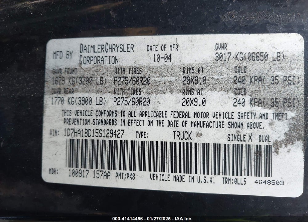 2005 DODGE RAM 1500 SLT/LARAMIE VIN: 1D7HA18D15S129427