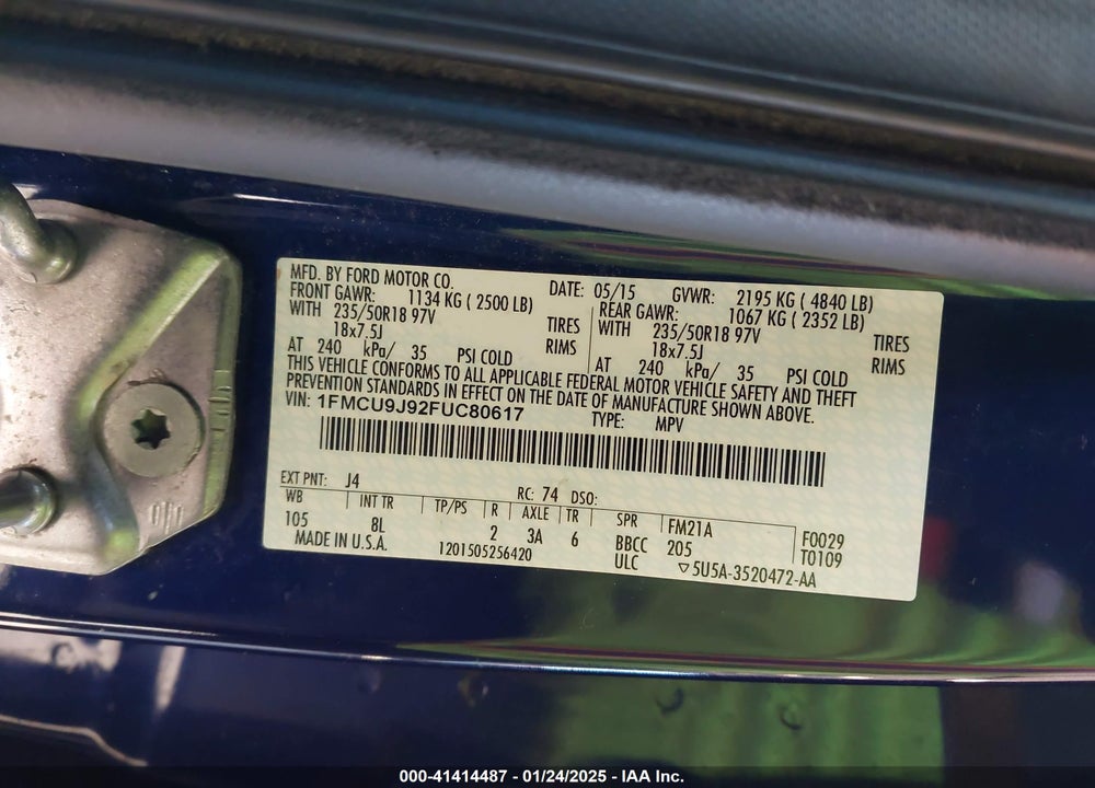 2015 FORD ESCAPE TITANIUM VIN: 1FMCU9J92FUC80617