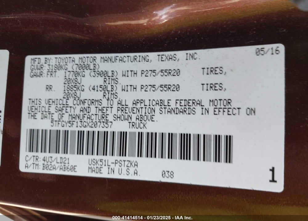 2016 TOYOTA TUNDRA 1794 5.7L V8 VIN: 5TFGY5F13GX207357