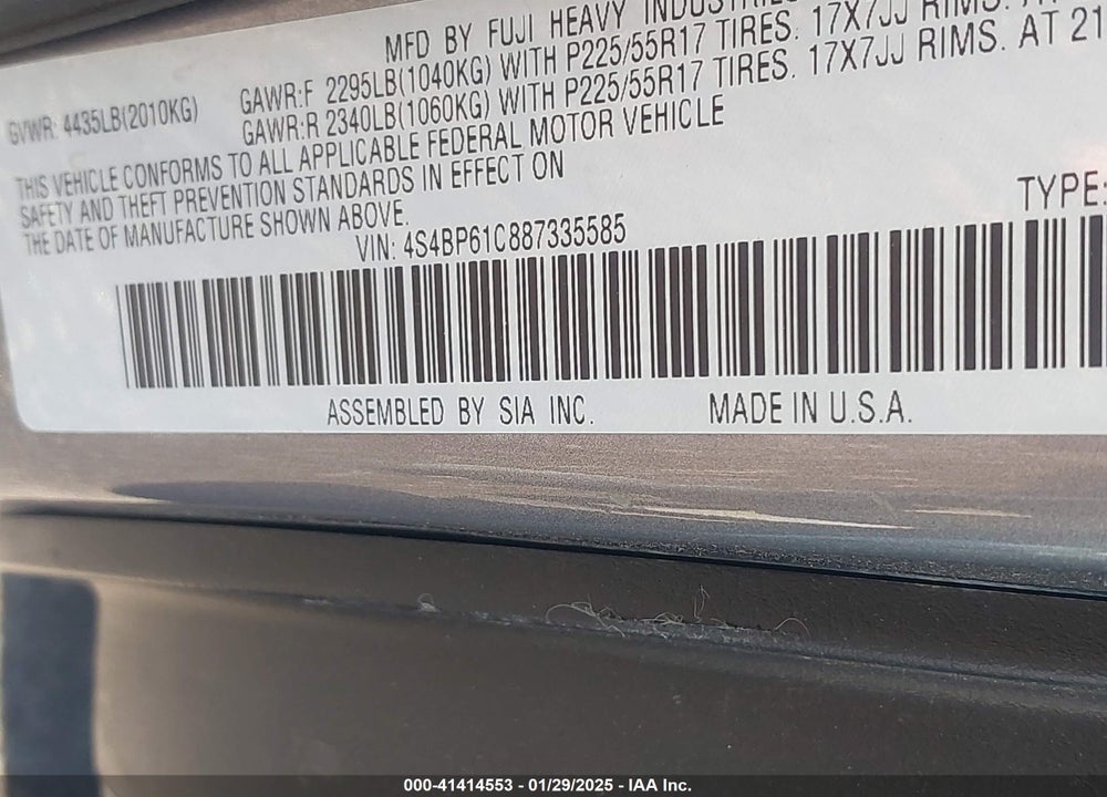 2008 SUBARU OUTBACK VIN: 4S4BP61C887335585