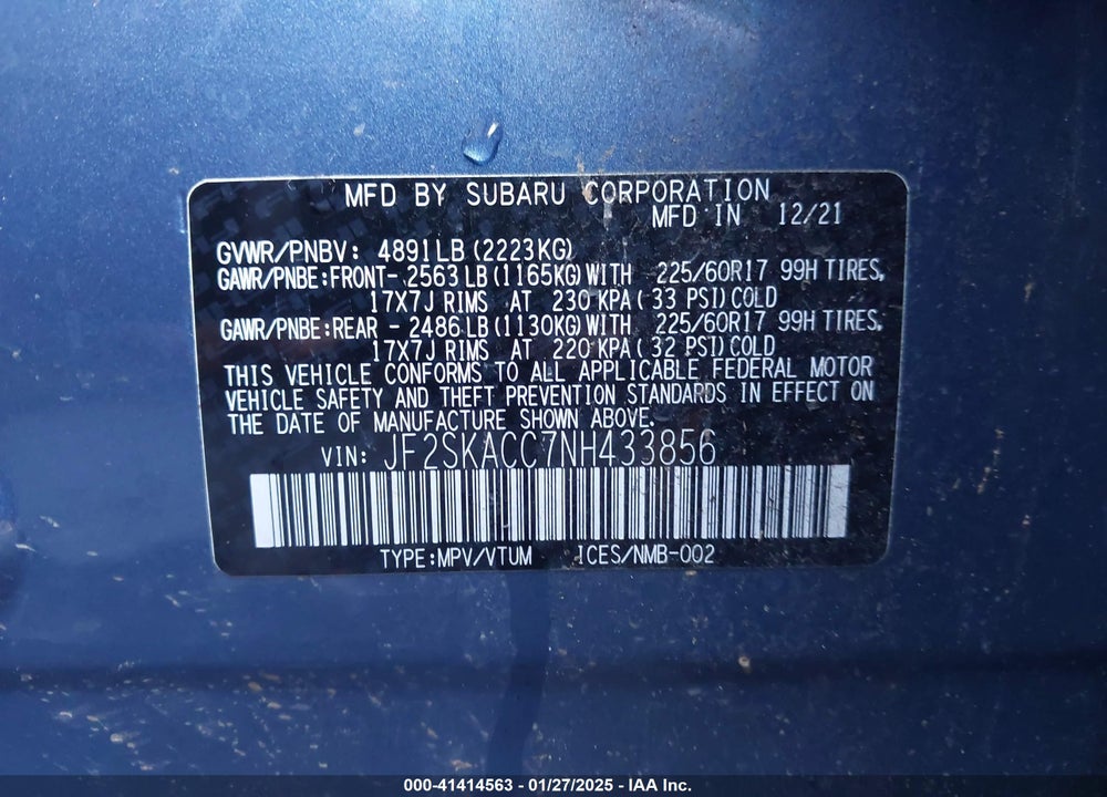 2022 SUBARU FORESTER VIN: JF2SKACC7NH433856