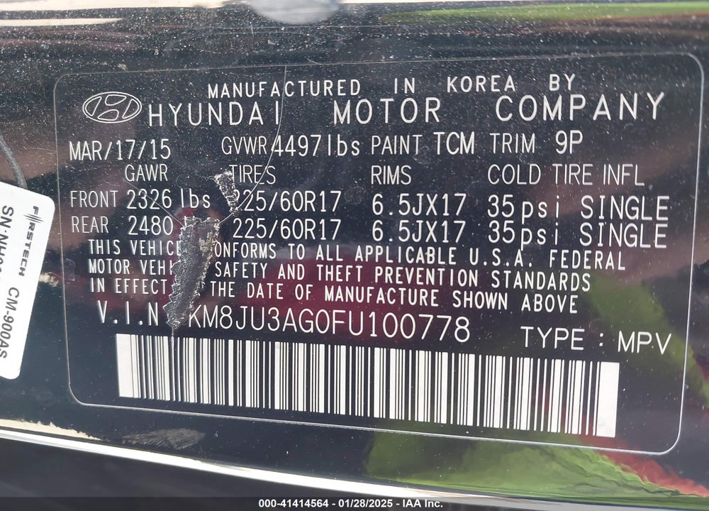 2015 HYUNDAI TUCSON SE VIN: KM8JU3AG0FU100778