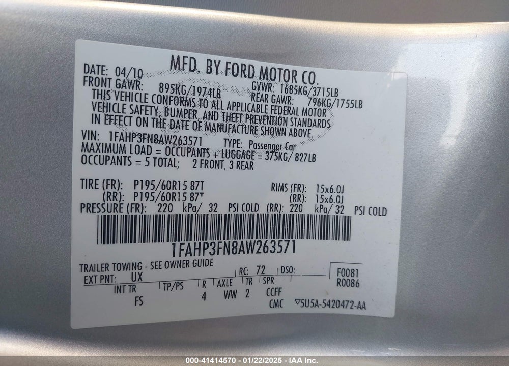 2010 FORD FOCUS SE VIN: 1FAHP3FN8AW263571