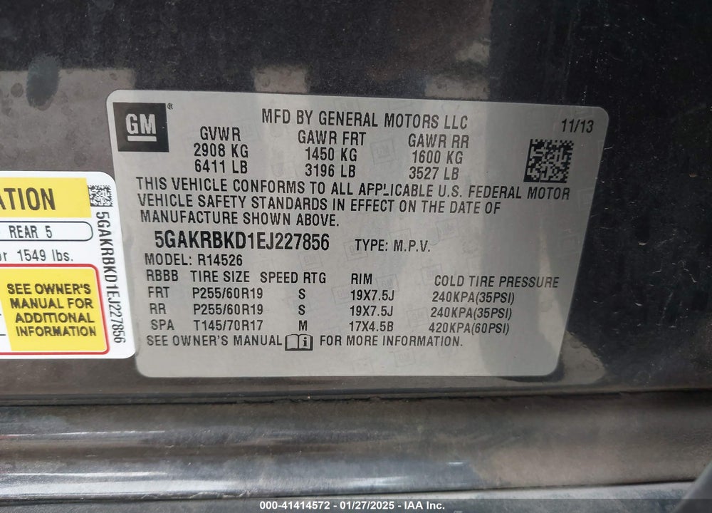2014 BUICK ENCLAVE LEATHER VIN: 5GAKRBKD1EJ227856