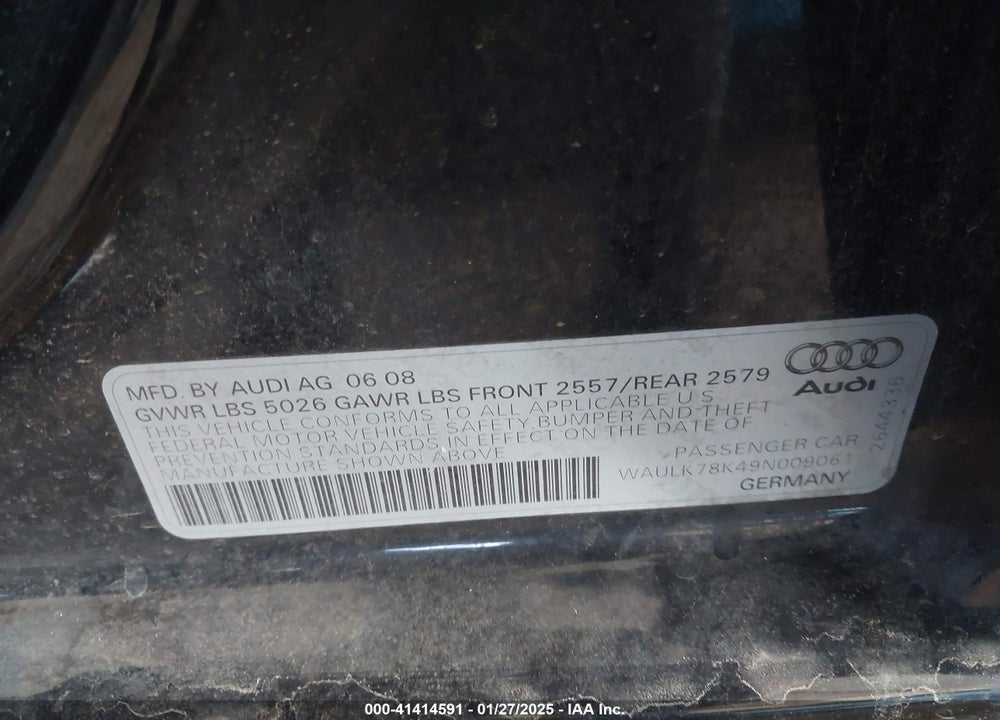 2009 AUDI A4 3.2 PREMIUM PLUS VIN: WAULK78K49N009061