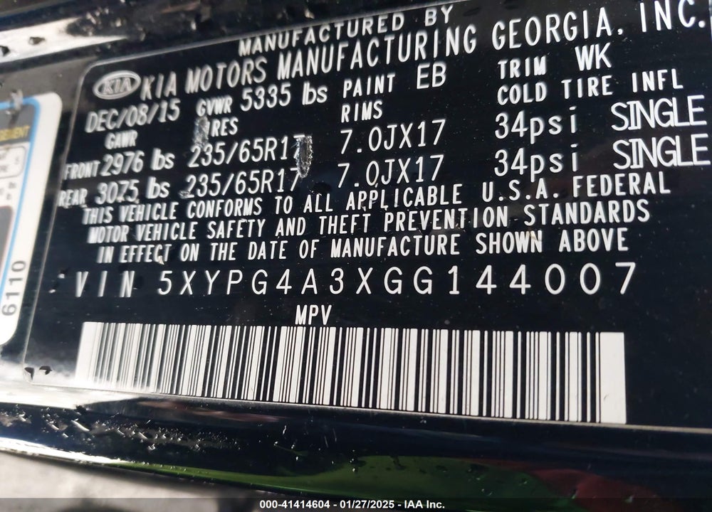 2016 KIA SORENTO 2.4L LX VIN: 5XYPG4A3XGG144007