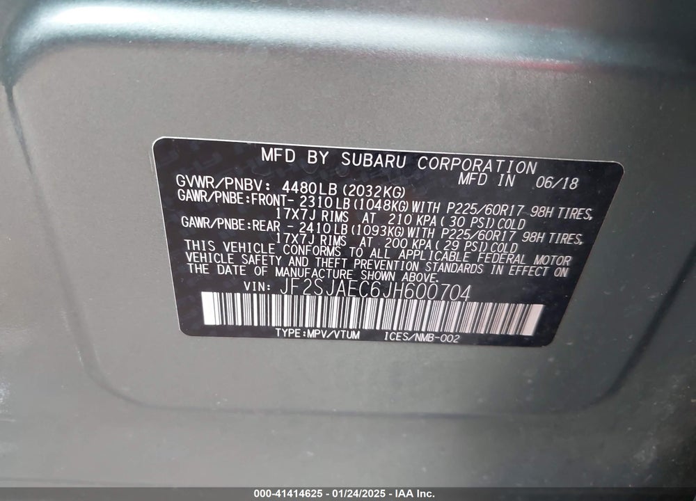 2018 SUBARU FORESTER 2.5I PREMIUM VIN: JF2SJAEC6JH600704