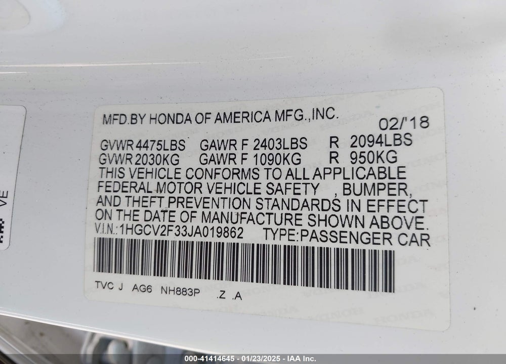 2018 HONDA ACCORD SPORT 2.0T VIN: 1HGCV2F33JA019862