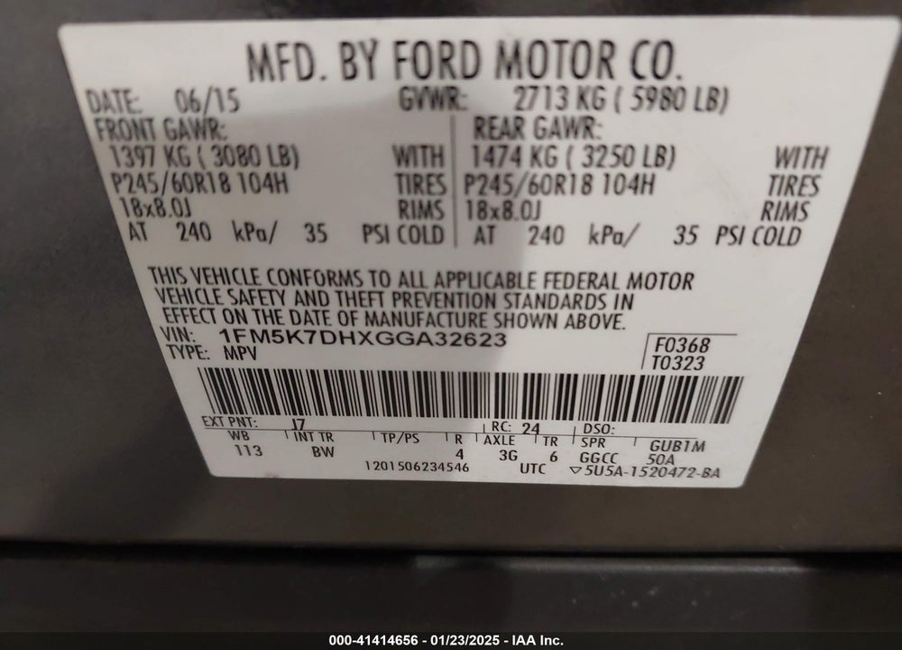 2016 FORD EXPLORER XLT VIN: 1FM5K7DHXGGA32623