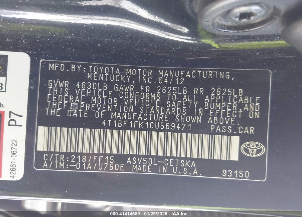 2012 TOYOTA CAMRY SE VIN: 4T1BF1FK1CU569471
