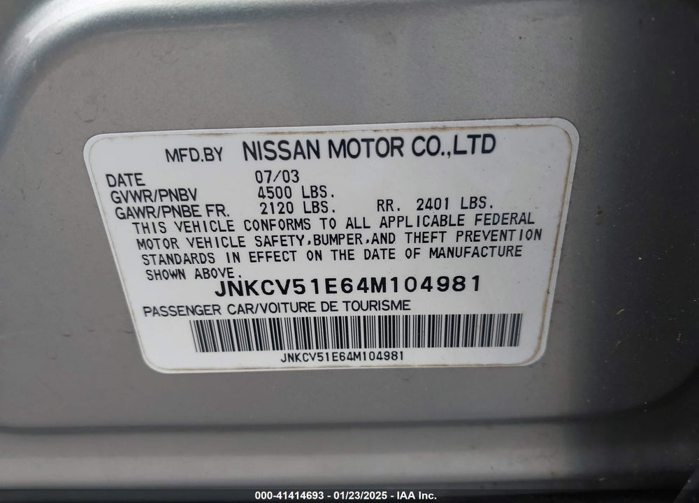 2004 INFINITI G35 VIN: JNKCV51E64M104981