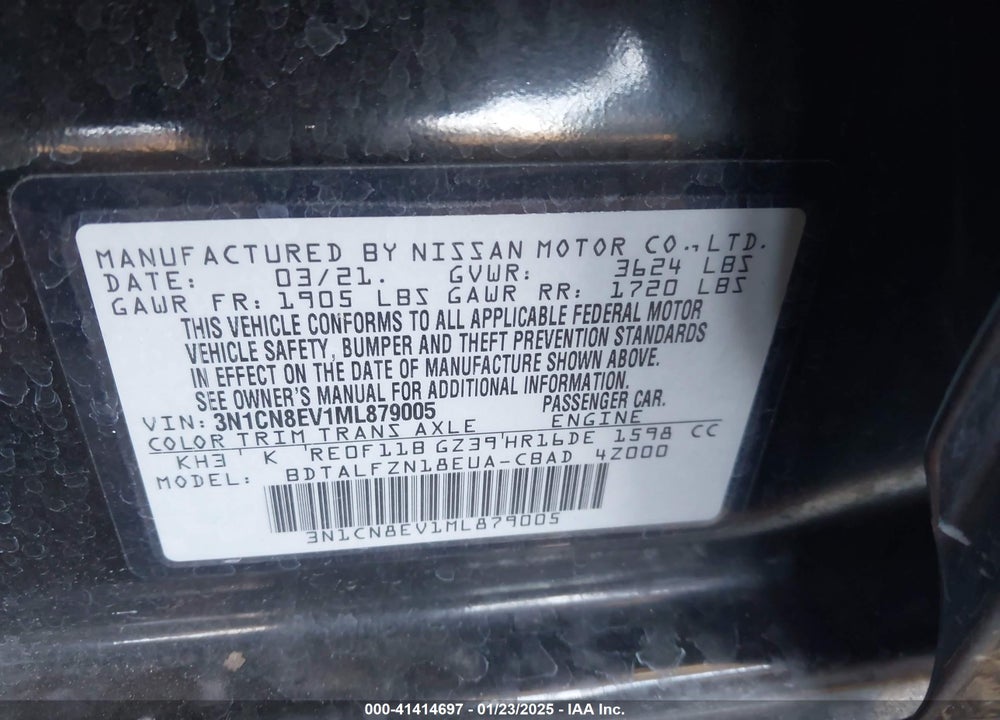2021 NISSAN VERSA VIN: 3N1CN8EV1ML879005