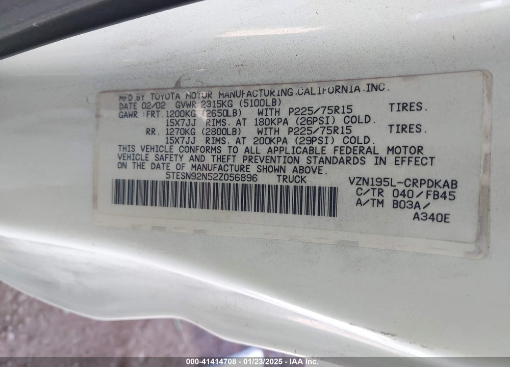 2002 TOYOTA TACOMA VIN: 5TESN92N52Z056896