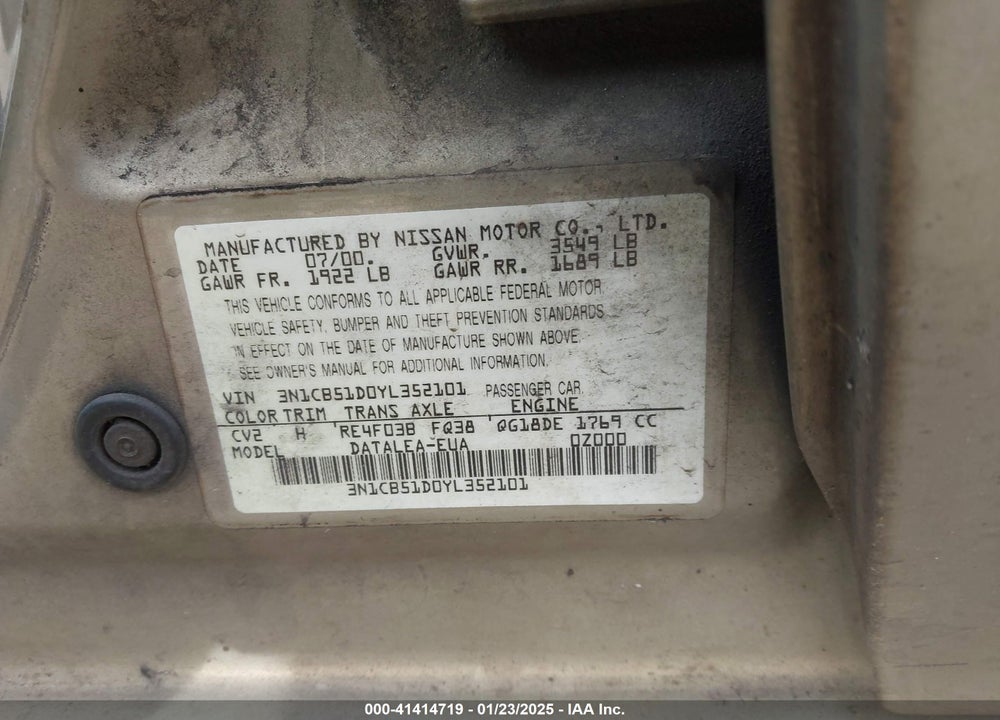 2000 NISSAN SENTRA GXE/XE VIN: 3N1CB51D0YL352101