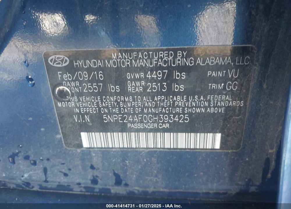 2016 HYUNDAI SONATA VIN: 5NPE24AF0GH393425