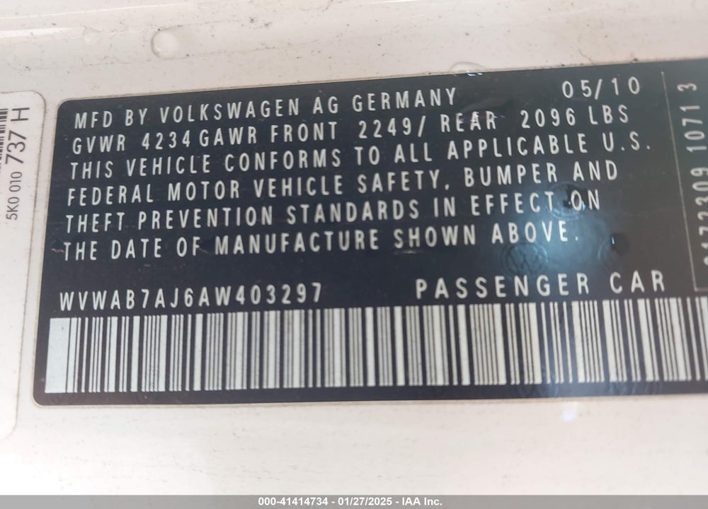 2010 VOLKSWAGEN GOLF VIN: WVWAB7AJ6AW403297