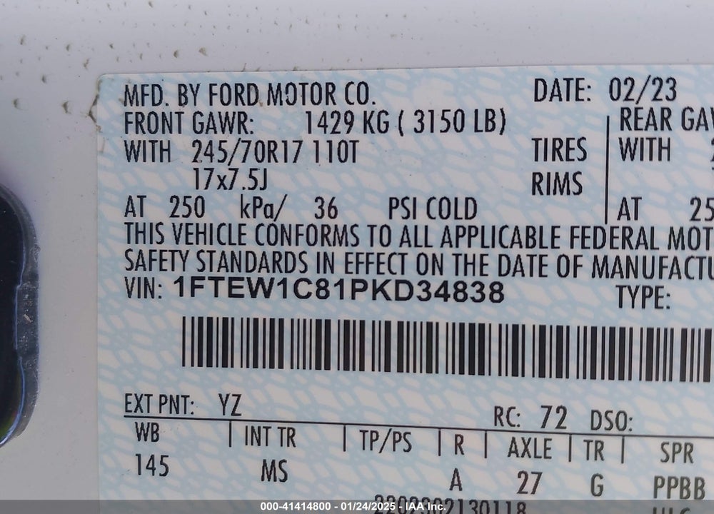 2023 FORD F-150 XLT VIN: 1FTEW1C81PKD34838