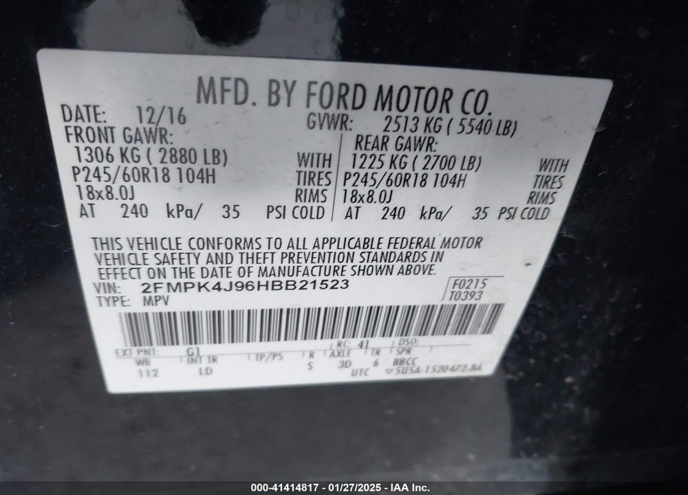 2017 FORD EDGE SEL VIN: 2FMPK4J96HBB21523