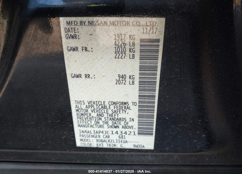 2018 NISSAN ALTIMA 2.5 SL VIN: 1N4AL3AP4JC143421