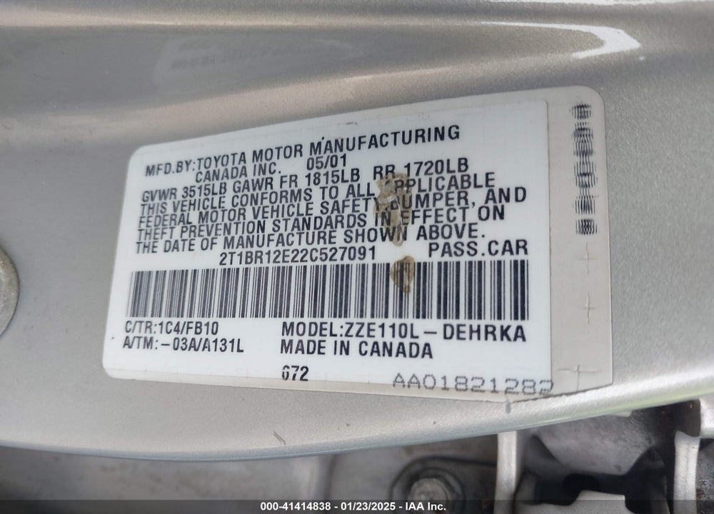 2002 TOYOTA COROLLA CE VIN: 2T1BR12E22C527091