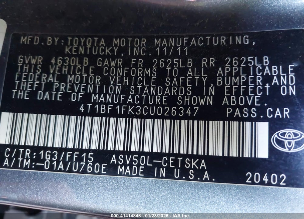 2012 TOYOTA CAMRY VIN: 4T1BF1FK3CU026347