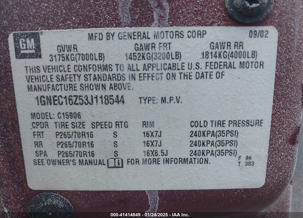 2003 CHEVROLET SUBURBAN 1500 LT VIN: 1GNEC16Z53J118544