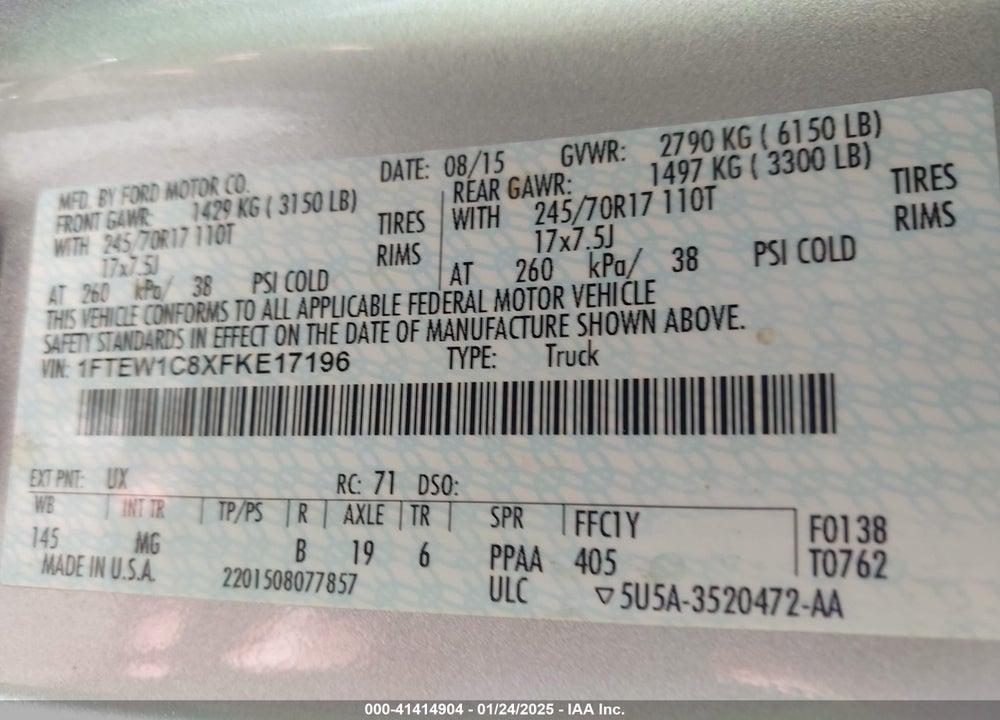 2015 FORD F-150 XLT VIN: 1FTEW1C8XFKE17196