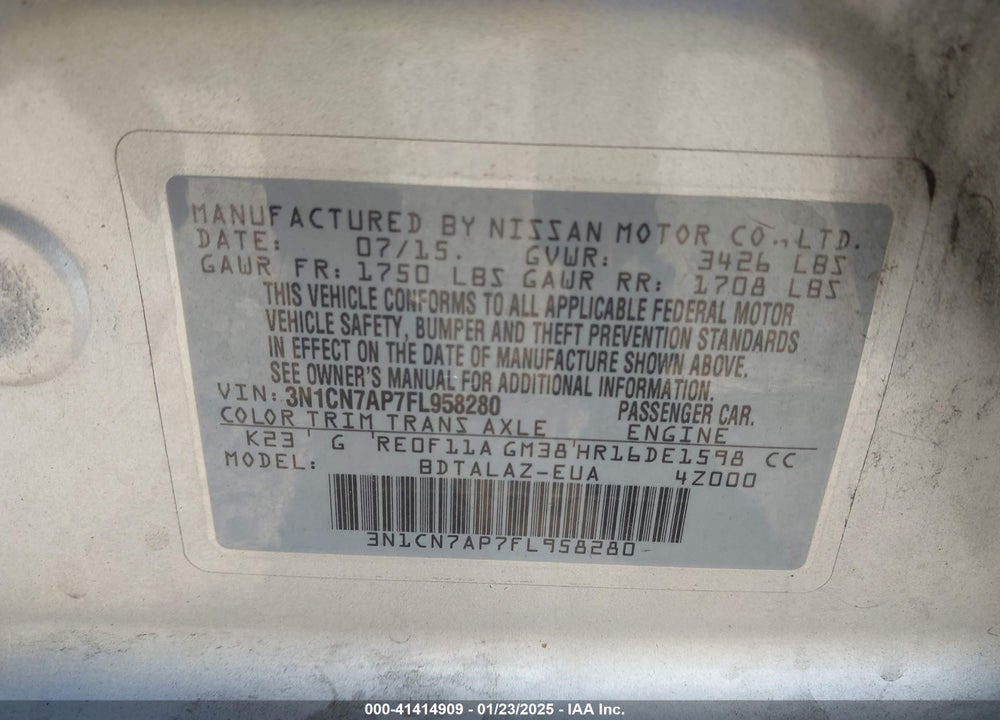 2015 NISSAN VERSA VIN: 3N1CN7AP7FL958280