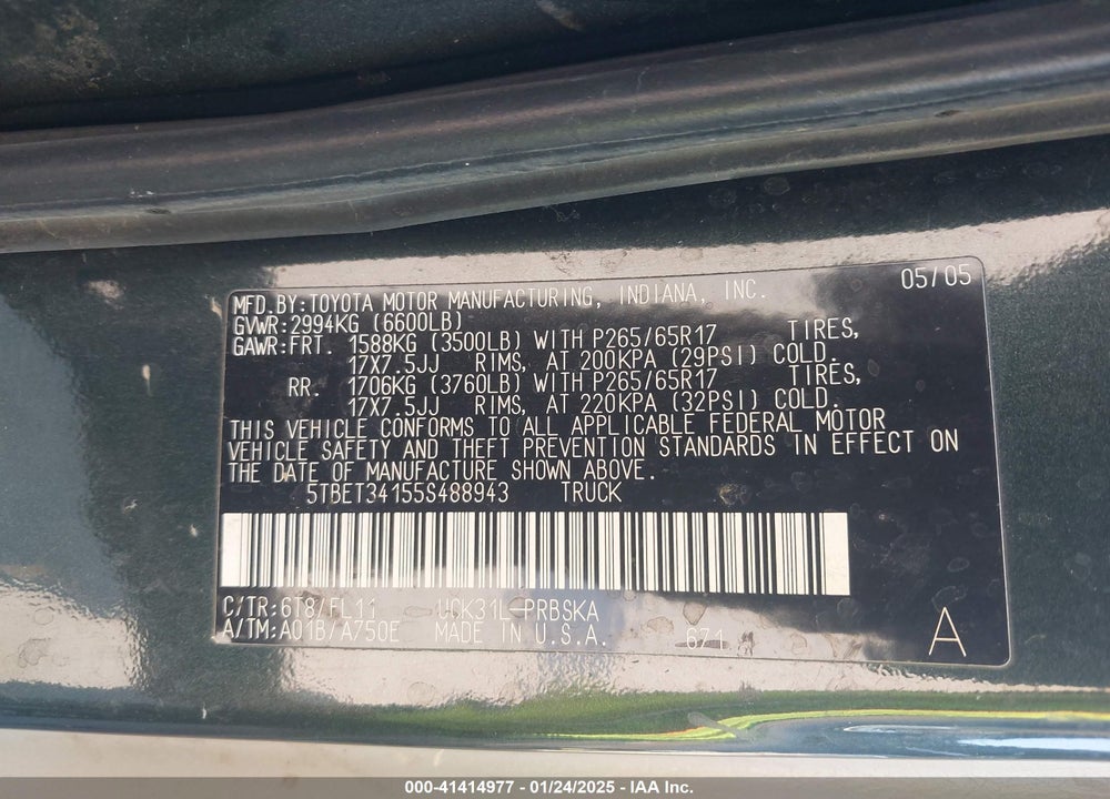 2005 TOYOTA TUNDRA SR5 V8 VIN: 5TBET34155S488943