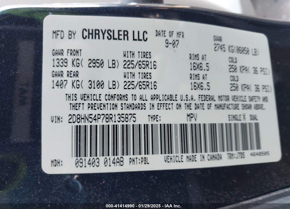 2008 DODGE GRAND CARAVAN SXT VIN: 2D8HN54P78R135875